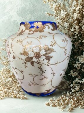 White and Cobalt Blue Porcelain Vase with Gold Floral Accents
